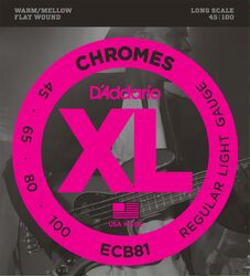 Cuerdas para bajo eléctrico D'addario ECB81 Chromes Flatwound Bass, Long Scale, 45-100 - Juego de 4 cuerdas