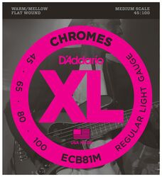 Cuerdas para bajo eléctrico D'addario ECB81M Electric Bass 4-String Set Chromes Flatwound Medium Scale 45-100 - Juego de 4 cuerdas