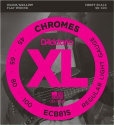 Cuerdas para bajo eléctrico D'addario ECB81S Chromes Flatwound Bass, Short Scale, 45-100 - Juego de 4 cuerdas
