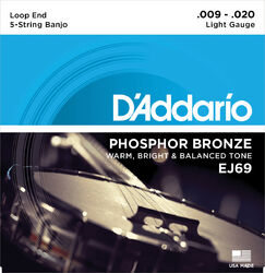 Cuerdas banjo D'addario EJ69 5-String Banjo Phosphor Bronze 9-20 - Juego de 5 cuerdas