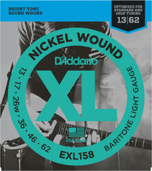 Cuerdas guitarra eléctrica D'addario EXL158 Nickel Round Wound, Baritone Light, 13-62 - Juego de cuerdas