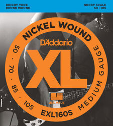 Cuerdas para bajo eléctrico D'addario EXL160S Electric Bass 4-String Set Nickel Round Wound Short Scale 50-105 - Juego de 4 cuerdas