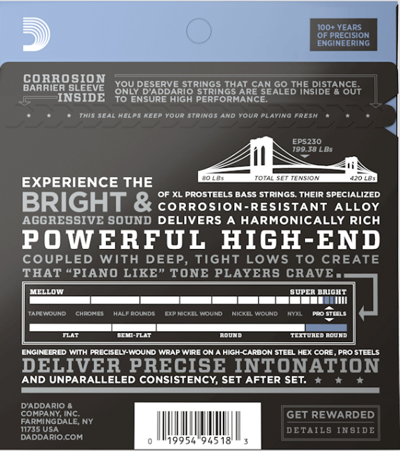 D'addario Eps165 Prosteels Round Wound Electric Bass Long Scale 4c 45-105 - Cuerdas para bajo eléctrico - Variation 1