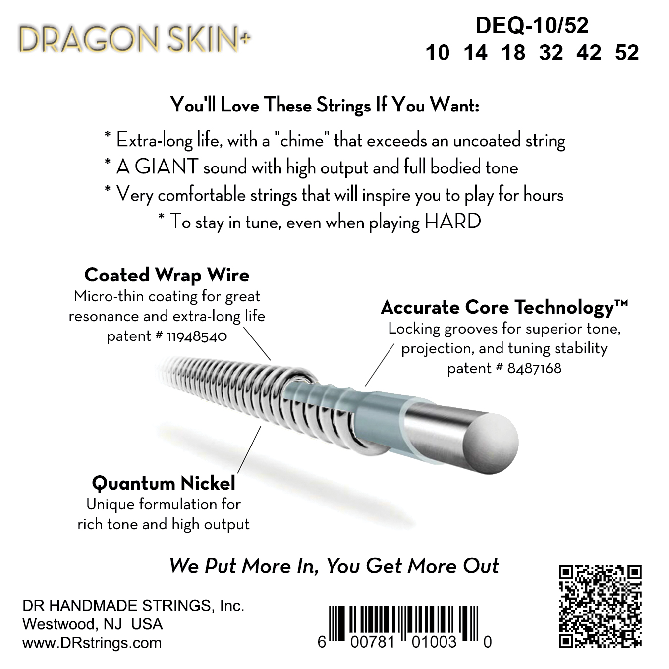 Dr Jeu De 6 Cordes Dragon Skin+ Core Technology Coated Wrap 10-52 - Cuerdas guitarra eléctrica - Variation 1