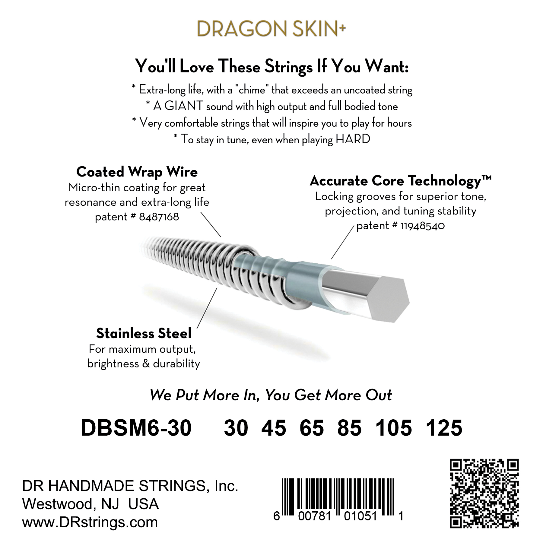 Dr Jeu De 6 Cordes Dragon Skin+ Core Technology Coated Wrap 30-125 Tapered Multi-scale - Cuerdas para bajo eléctrico - Variation 1