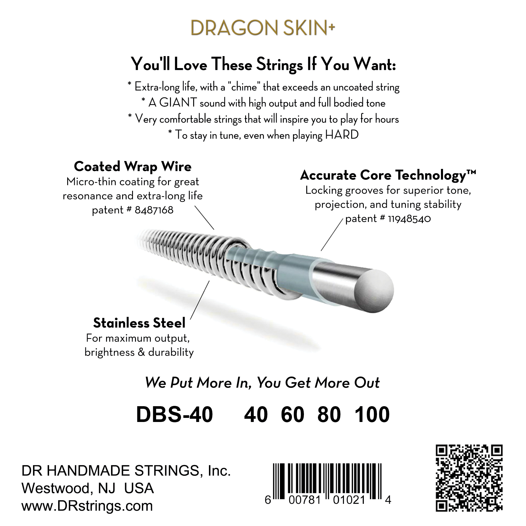 Dr Jeu De 4 Cordes Dragon Skin+ Core Technology Coated Wrap 40-100 - Cuerdas para bajo eléctrico - Variation 1