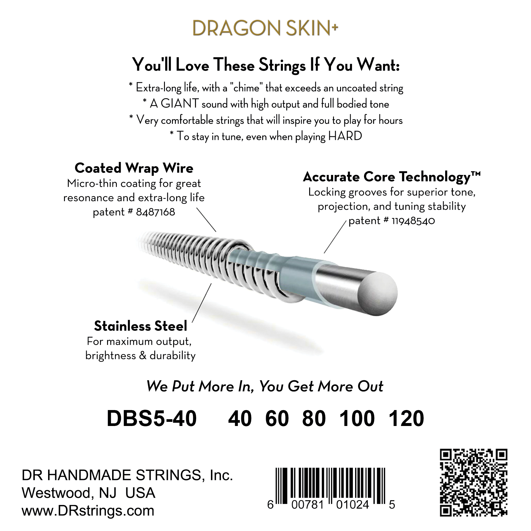 Dr Jeu De 5 Cordes Dragon Skin+ Core Technology Coated Wrap 40-120 - Cuerdas para bajo eléctrico - Variation 1