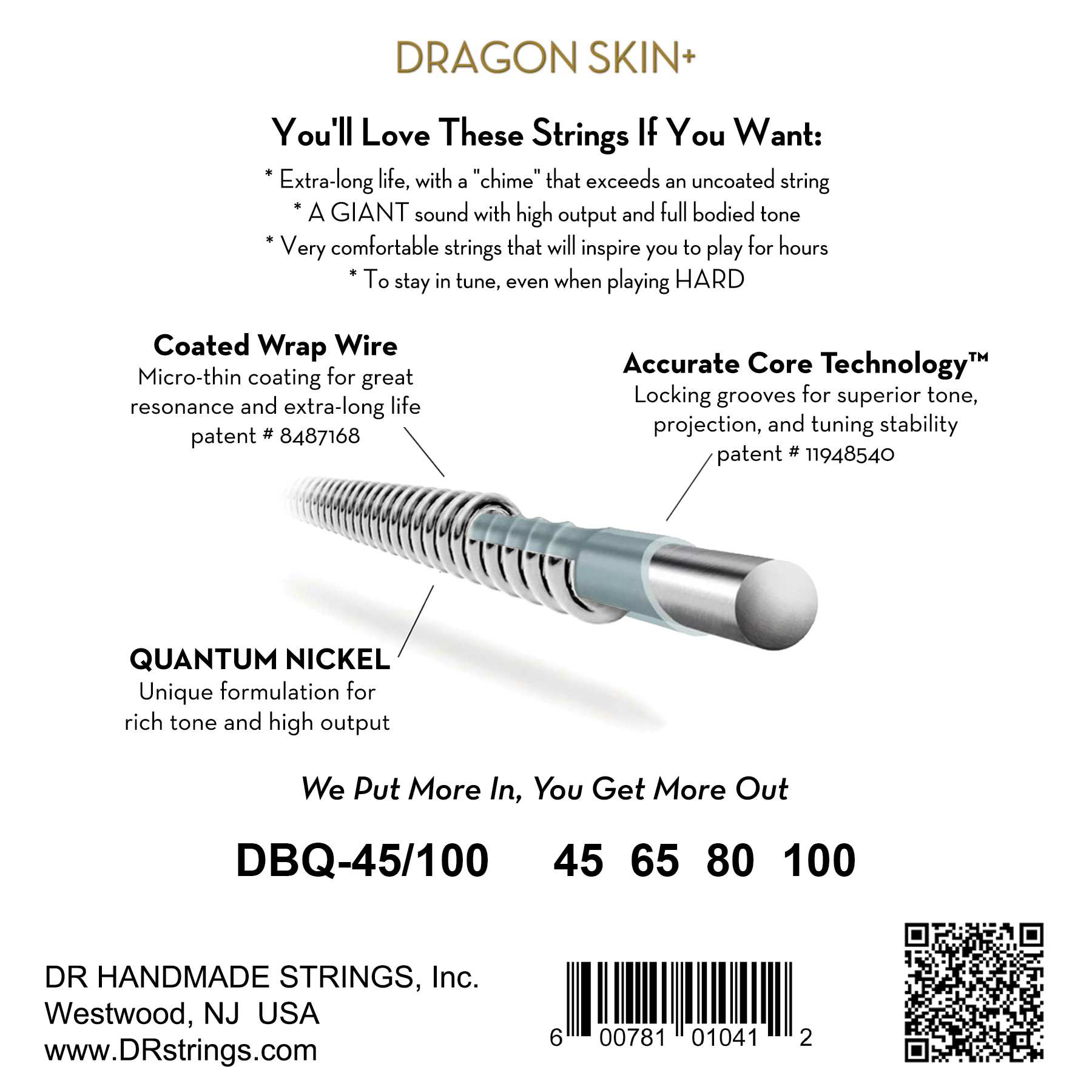 Dr Jeu De 4 Cordes Dragon Skin+ Core Technology Coated Wrap 45-100 - Cuerdas para bajo eléctrico - Variation 1