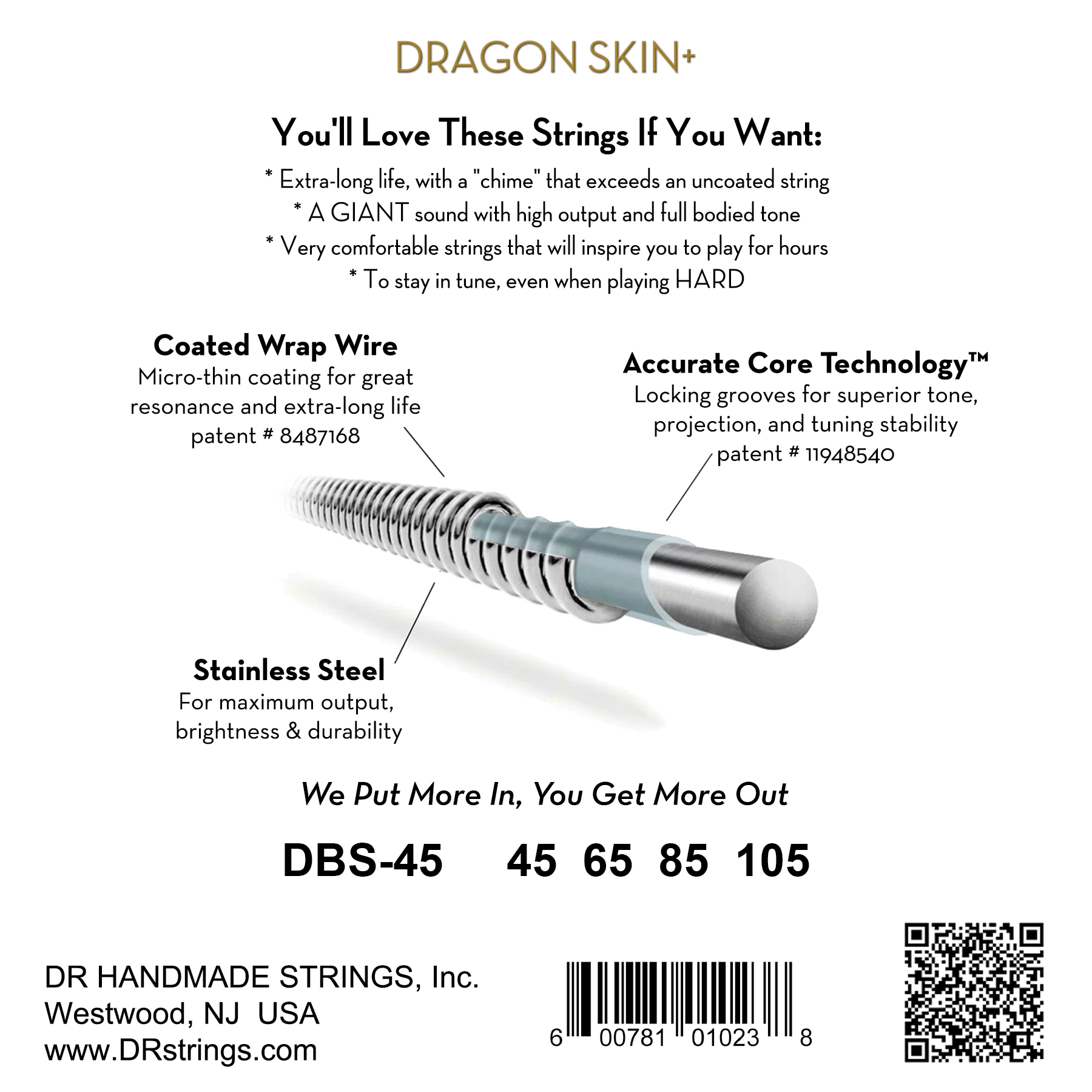 Dr Jeu De 4 Cordes Dragon Skin+ Core Technology Coated Wrap 45-105 - Cuerdas para bajo eléctrico - Variation 1