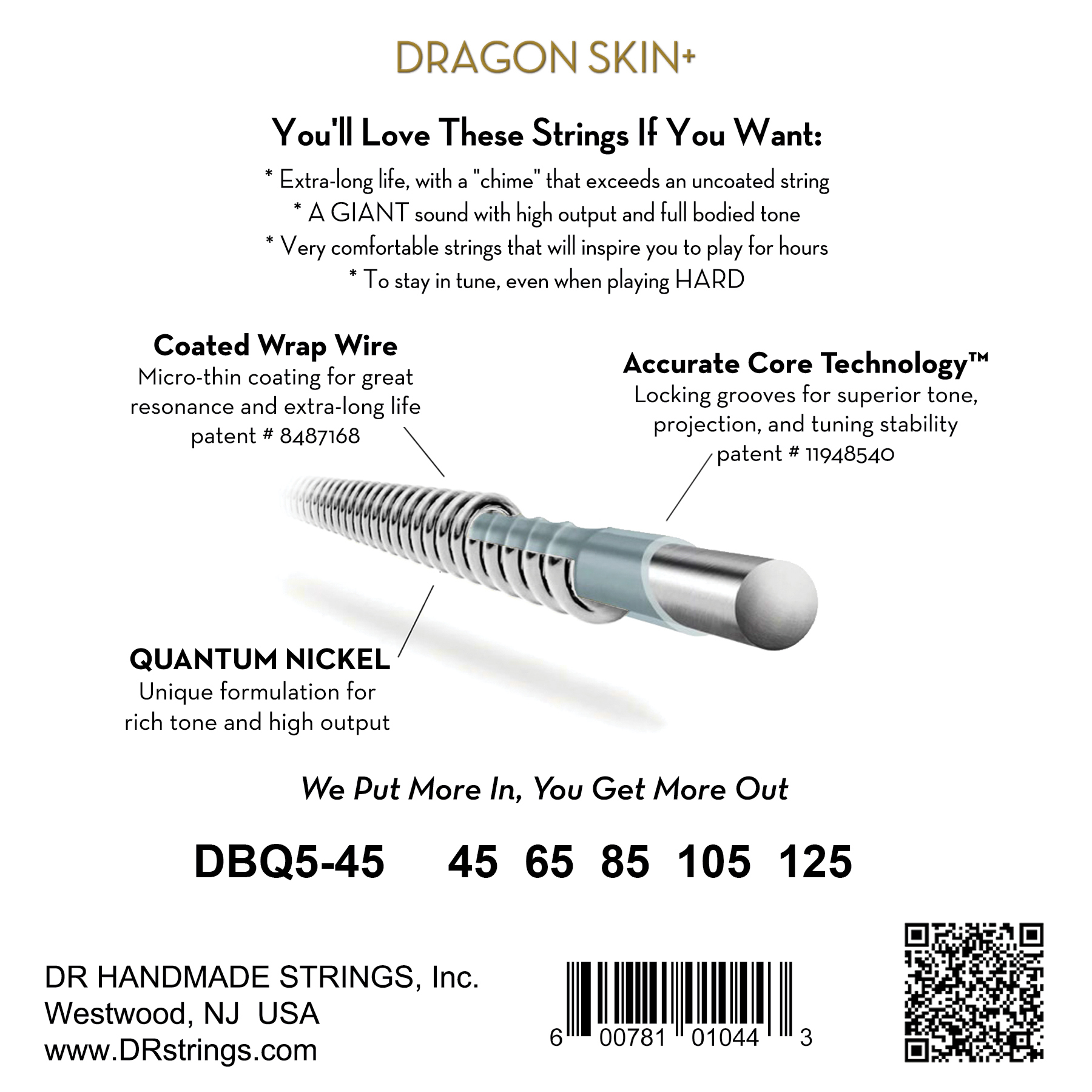 Dr Jeu De 4 Cordes Dragon Skin+ Core Technology Coated Wrap 45-105 - Cuerdas para bajo eléctrico - Variation 1