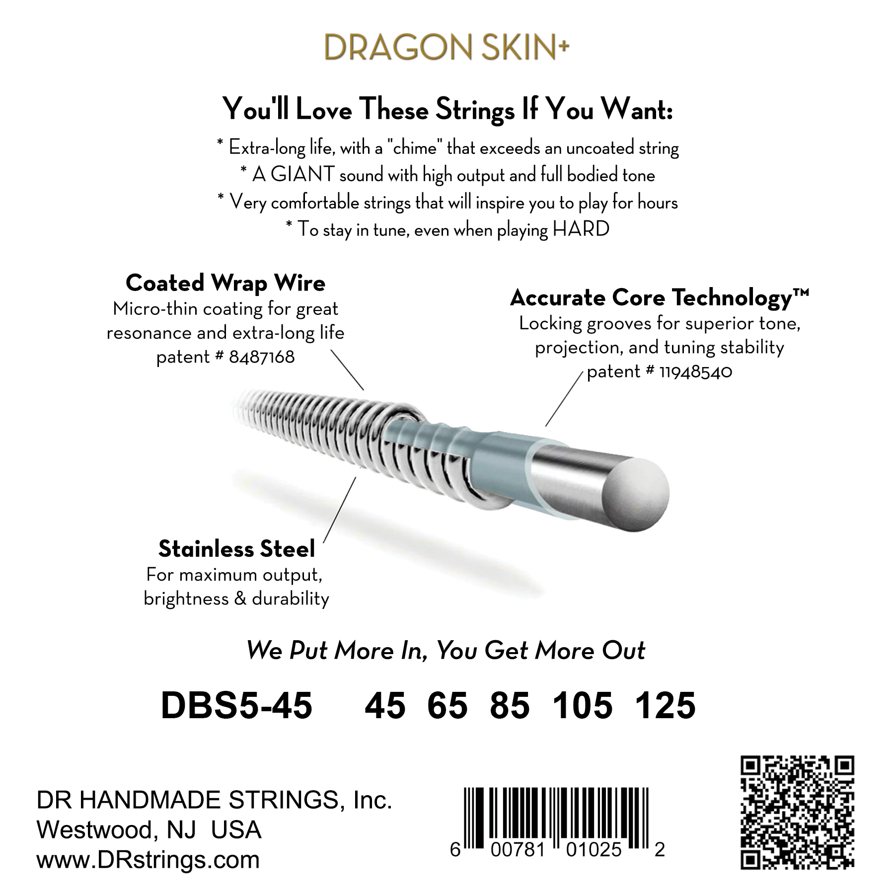 Dr Jeu De 5 Cordes Dragon Skin+ Core Technology Coated Wrap 45-125 - Cuerdas para bajo eléctrico - Variation 1