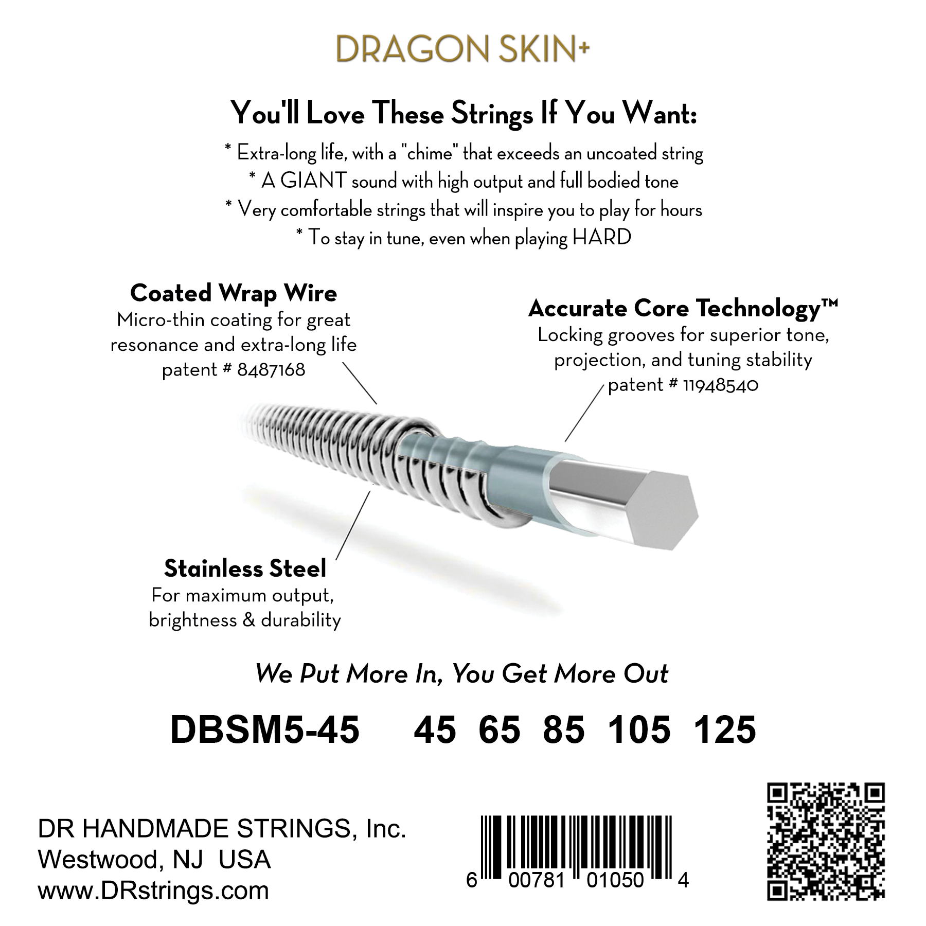 Dr Jeu De 5 Cordes Dragon Skin+ Core Technology Coated Wrap 45-125 Tapered Multi-scale - Cuerdas para bajo eléctrico - Variation 1