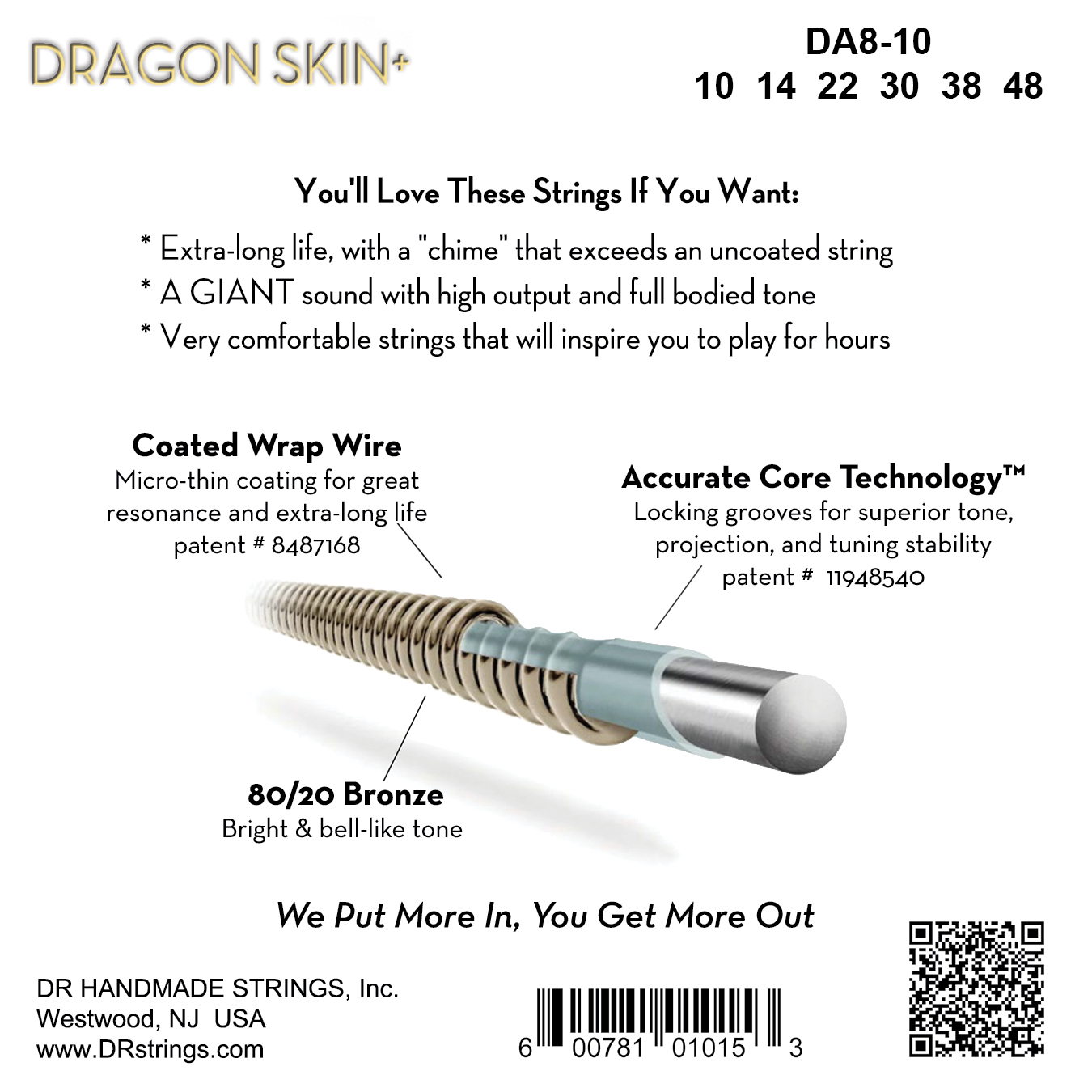 Dr Jeu De 6 Cordes Dragon Skin+ Core Technology Coated Wrap 80/20 10-48 - Cuerdas guitarra acústica - Variation 1