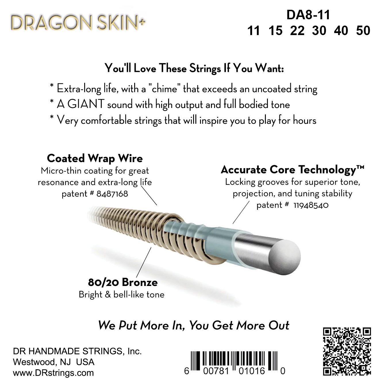 Dr Jeu De 6 Cordes Dragon Skin+ Core Technology Coated Wrap 80/20 11-50 - Cuerdas guitarra acústica - Variation 1