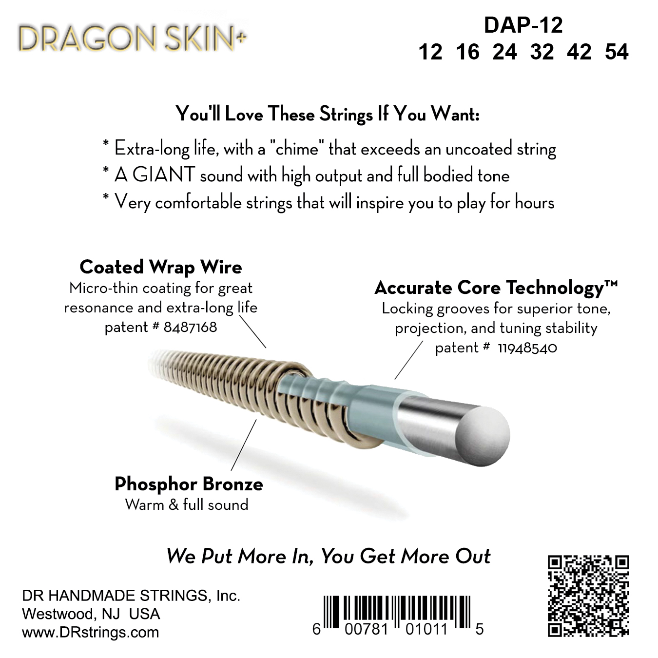Dr Jeu De 6 Cordes Dragon Skin+ Core Technology Coated Wrap Phosphore Bronze 12-54 - Cuerdas guitarra acústica - Variation 1