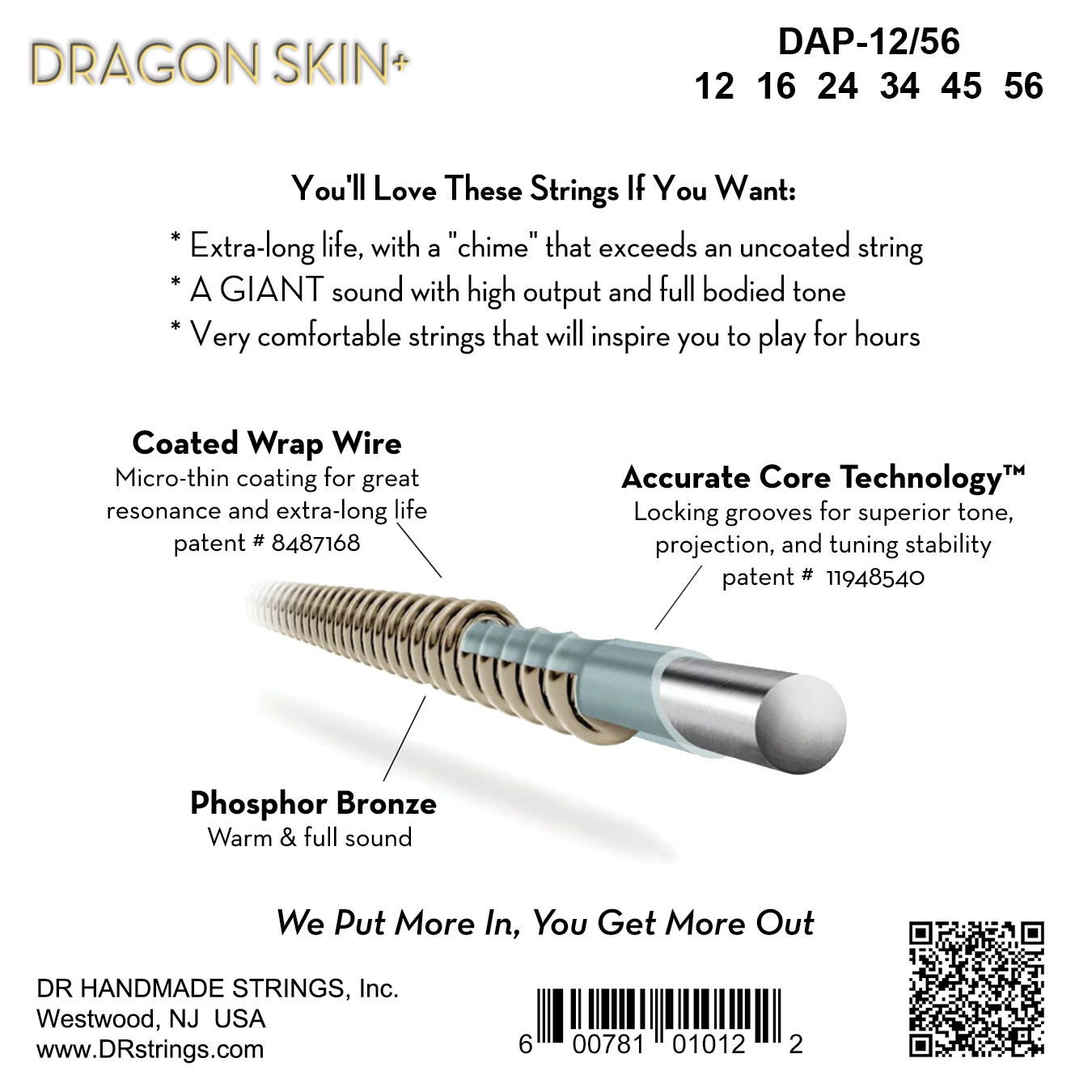 Dr Jeu De 6 Cordes Dragon Skin+ Core Technology Coated Wrap Posphore Bronze 12-56 - Cuerdas guitarra acústica - Variation 1