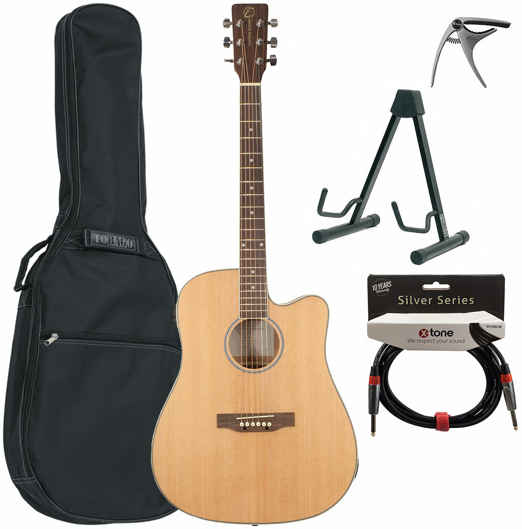 Eastone Dr160ce-nat +housse X-tone 2003 +cable +capo +stand - Natural - Pack guitarra acústica - Main picture