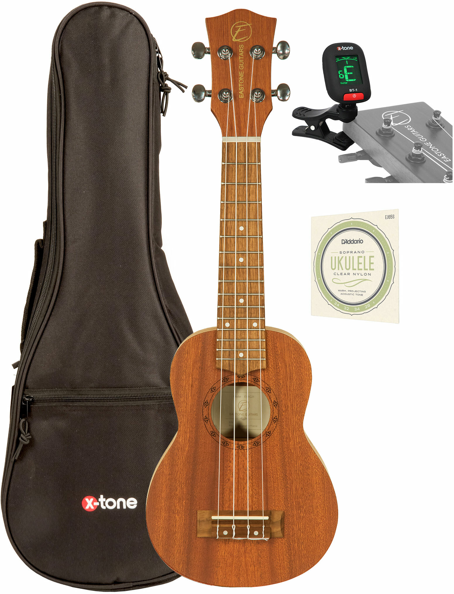 Eastone E11c21 Soprano Tout Sapele Son +x-tone 3110 Tuner / 2020 Bag / D'addario Ej65s - Paquete de ukelele - Main picture