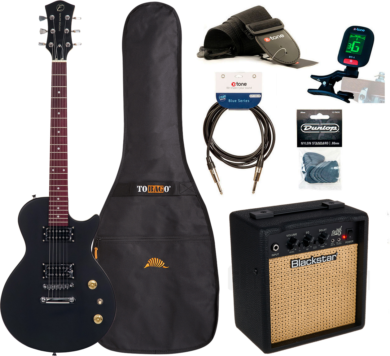 Eastone Lpl70 +blackstar Debut10 +cable +clip-on Tuner +mediators +housse +courroie - Black Satin - Packs guitarra eléctrica - Main picture