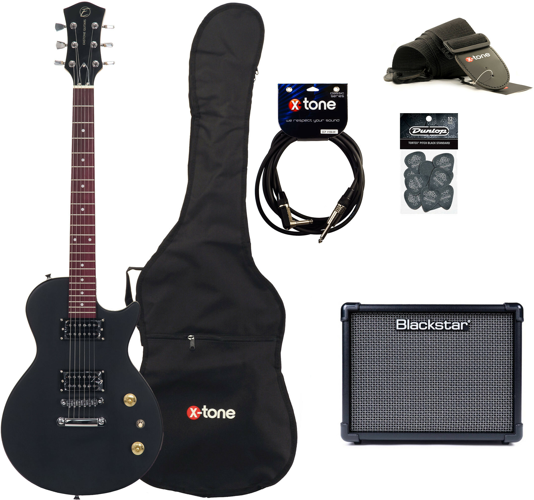 Eastone Lpl70 +blackstar Id Core Stereo V3 10 +cable +housse +courroie +mediators - Black Satin - Packs guitarra eléctrica - Main picture