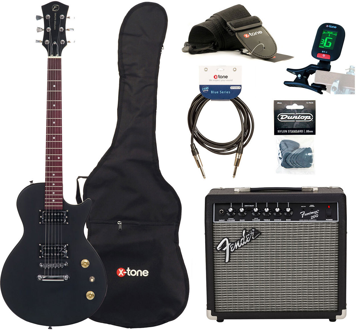 Eastone Lpl70 +fender Frontman 20g +cable +clip-on Tuner +mediators +housse +courroie - Black Satin - Packs guitarra eléctrica - Main picture