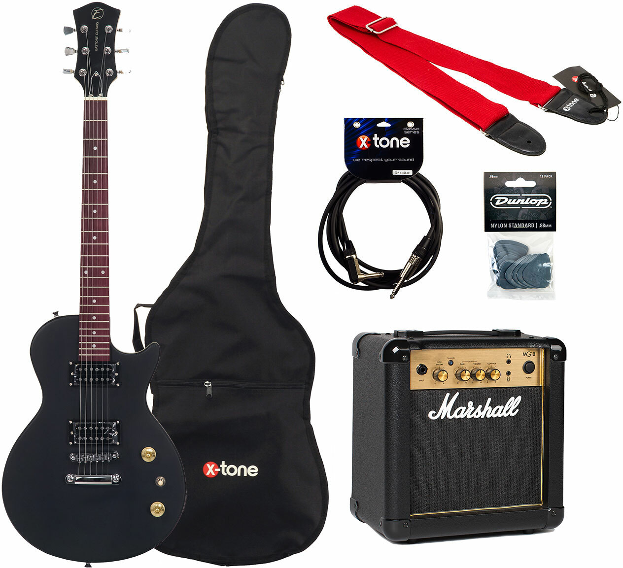 Eastone Lpl70 +marshall Mg10g +cable +housse +courroie +mediators - Black Satin - Packs guitarra eléctrica - Main picture
