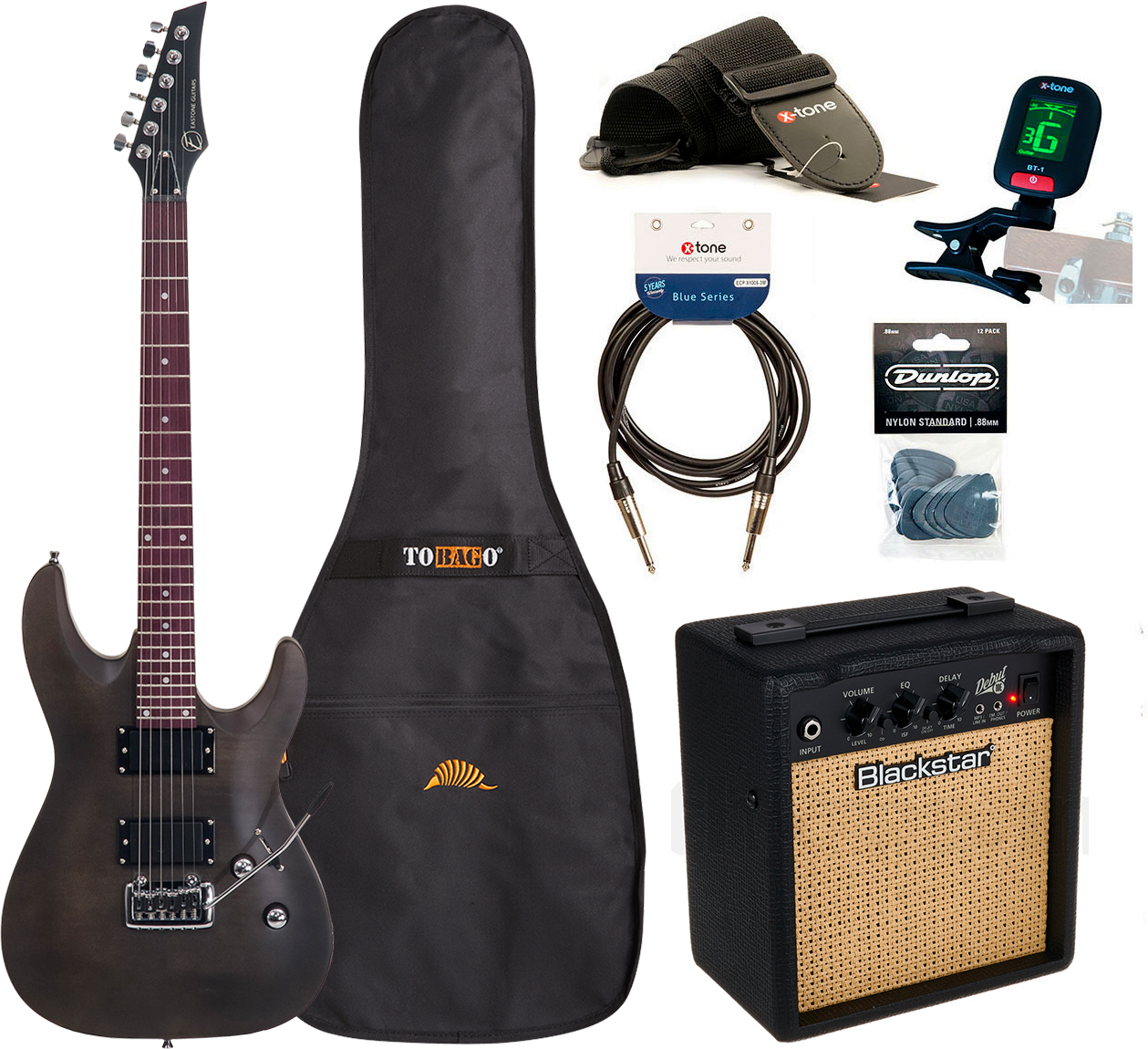 Eastone Metdc +blackstar Debut 10 +cable +clip-on Tuner +mediators +housse +courroie - Black Satin - Packs guitarra eléctrica - Main picture