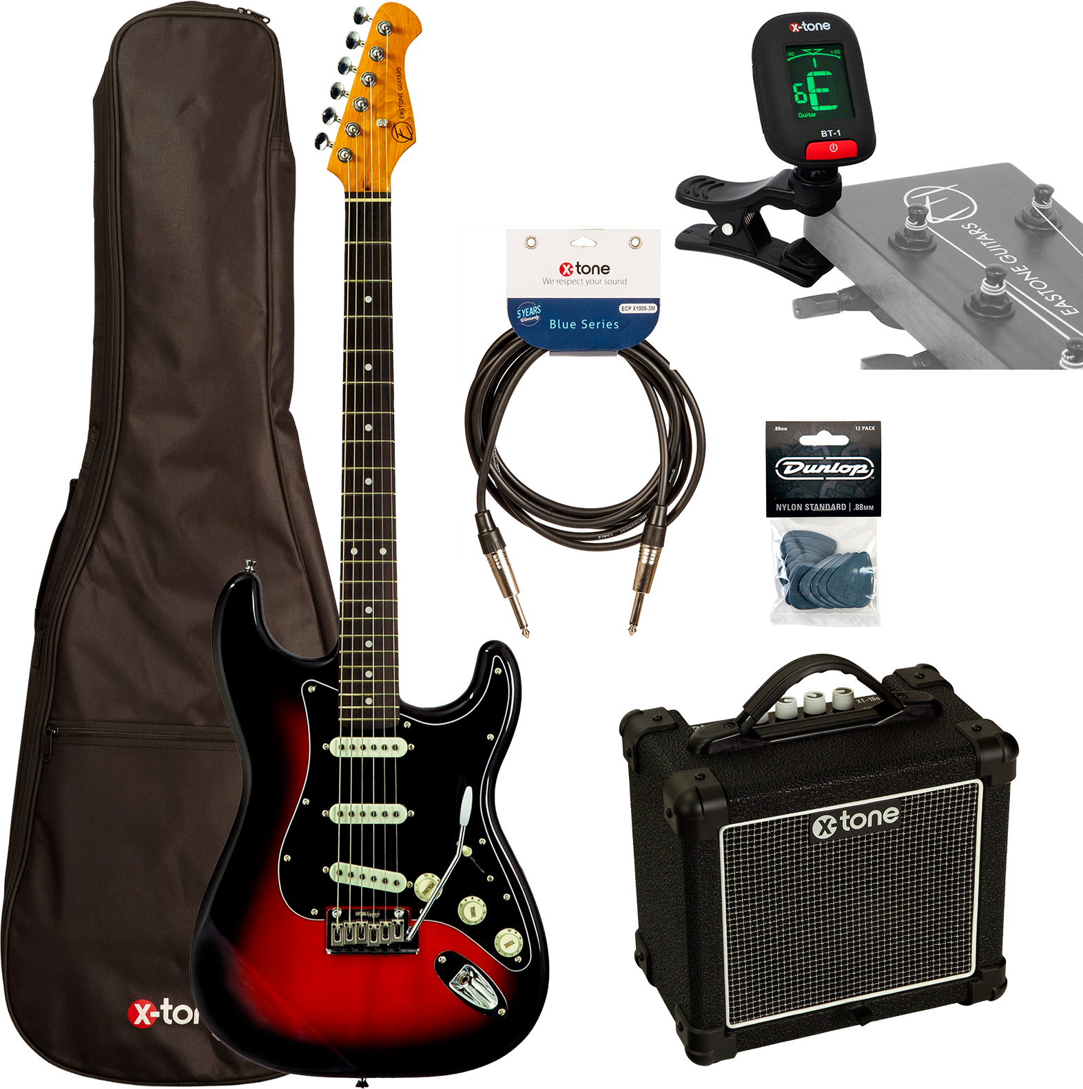 Eastone St100r-s3t-rw + X-tone Xt10s Combo +cable +mediators +clip-on Tuner +housse - 3-tone Burst - Packs guitarra eléctrica - Main picture