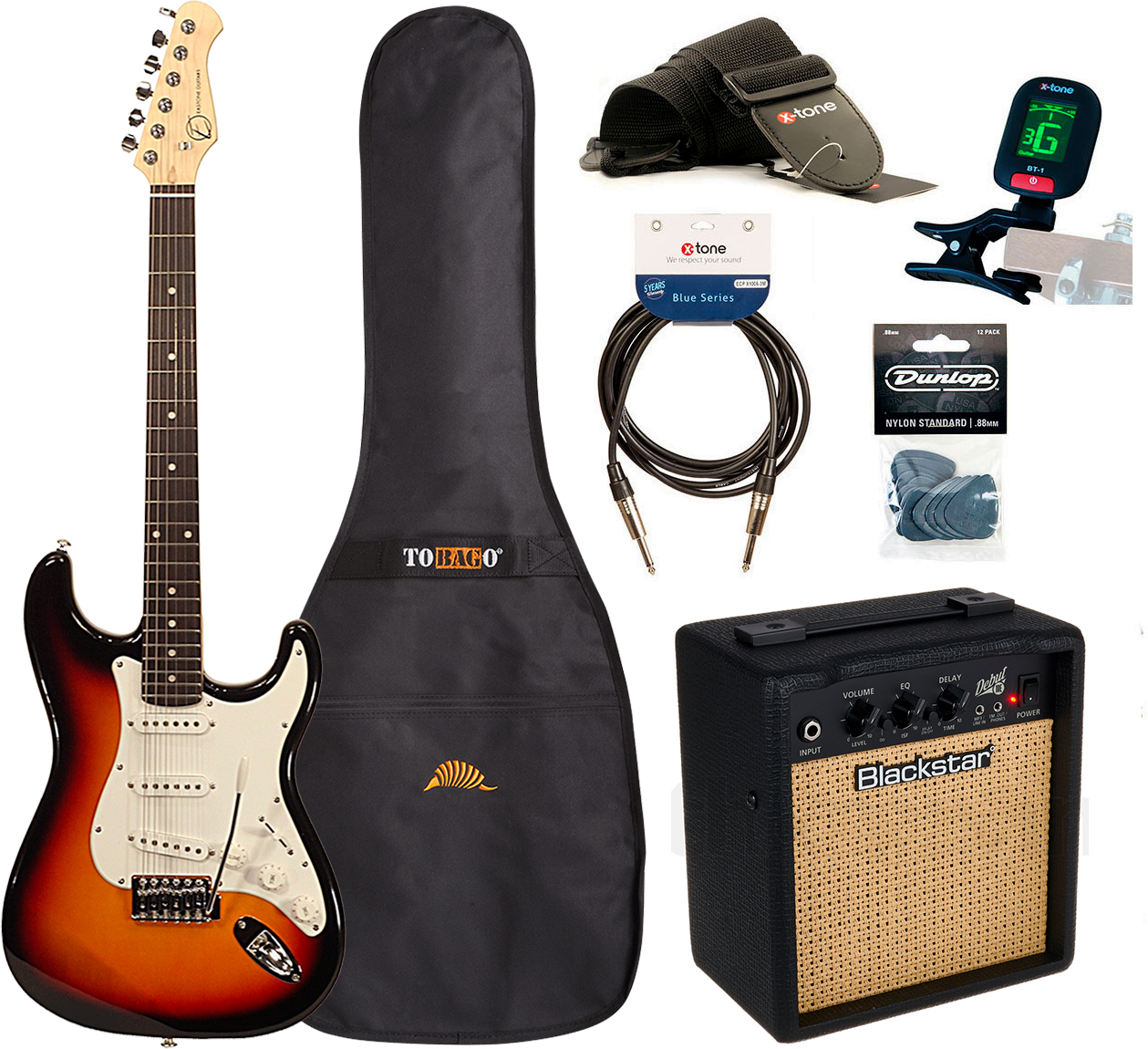 Eastone Str70 +blackstar Debut 10 +cable +clip-on Tuner +mediators +housse +courroie - 3 Tone Sunburst - Packs guitarra eléctrica - Main picture