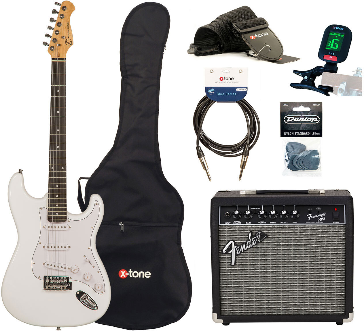 Eastone Str70 +fender Frontman 20g +cable +clip-on Tuner +mediators +housse +courroie - Olympic White - Packs guitarra eléctrica - Main picture