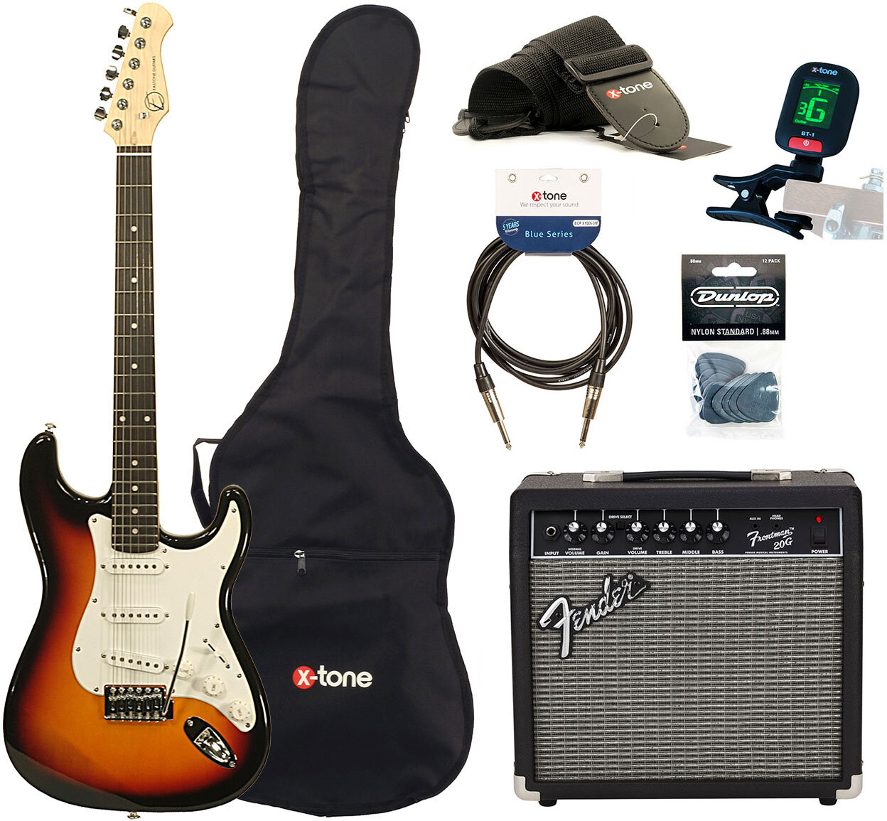 Eastone Str70 +fender Frontman 20g +cable +clip-on Tuner +mediators +housse +courroie - 3 Tone Sunburst - Packs guitarra eléctrica - Main picture
