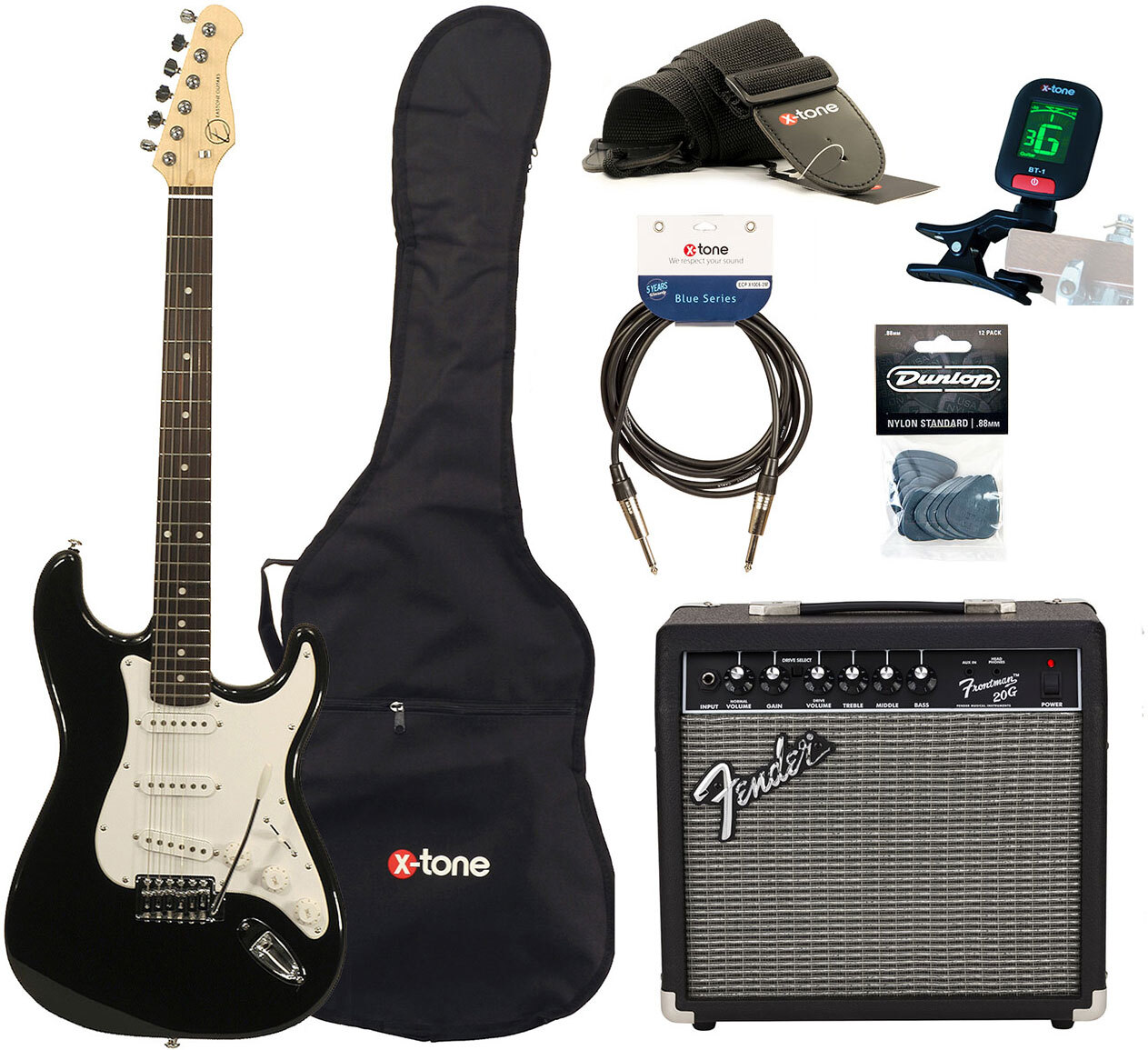 Eastone Str70 +fender Frontman 20g +cable +clip-on Tuner +mediators +housse +courroie - Black - Packs guitarra eléctrica - Main picture