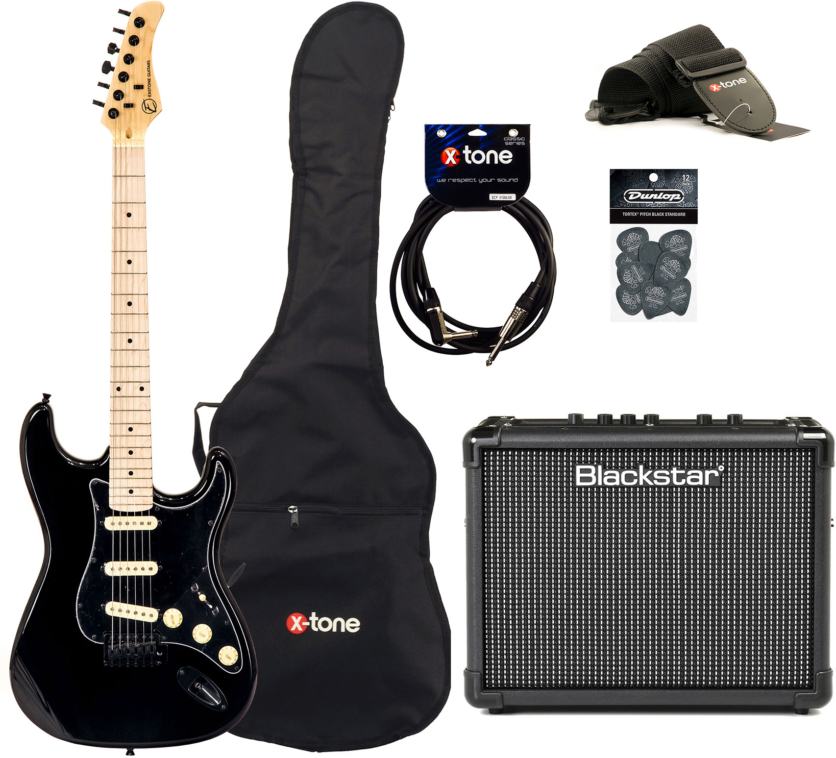 Eastone Str70 Gil +blackstar Id Core Stereo 10w V3 +cable +housse +courroie +mediators - Black - Packs guitarra eléctrica - Main picture