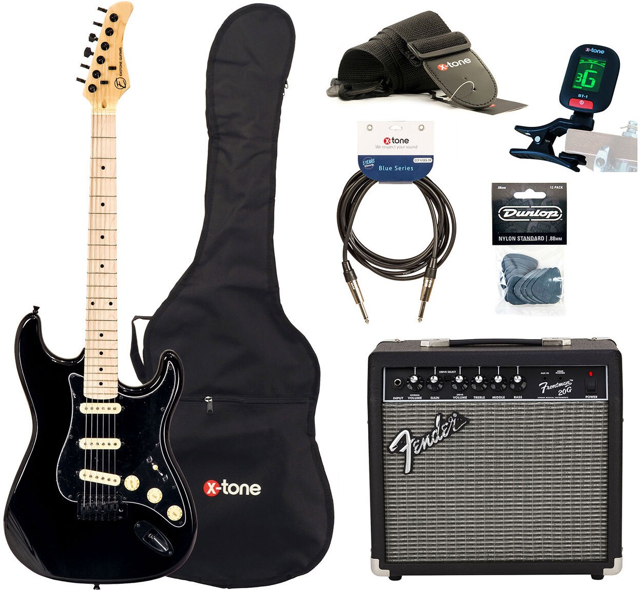Eastone Str70 Gil +fender Frontman 20g +cable +clip-on Tuner +mediators +housse +courroie - Black - Packs guitarra eléctrica - Main picture