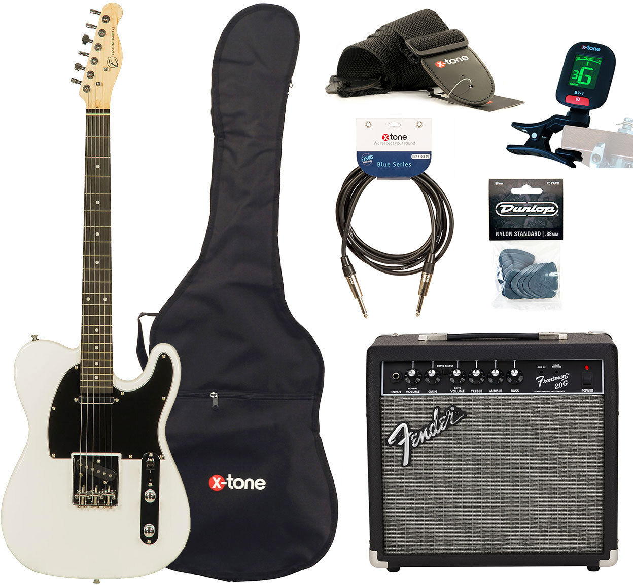 Eastone Tl70 +fender Frontman 20g +cable +clip-on Tuner +mediators +housse +courroie - Olympic White - Packs guitarra eléctrica - Main picture
