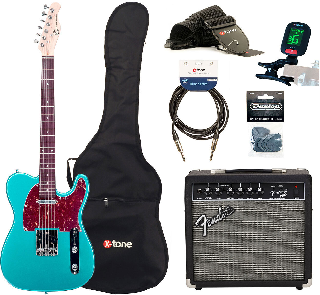 Eastone Tl70 +fender Frontman 20g +cable +clip-on Tuner +mediators +housse +courroie - Metallic Light Blue - Packs guitarra eléctrica - Main picture