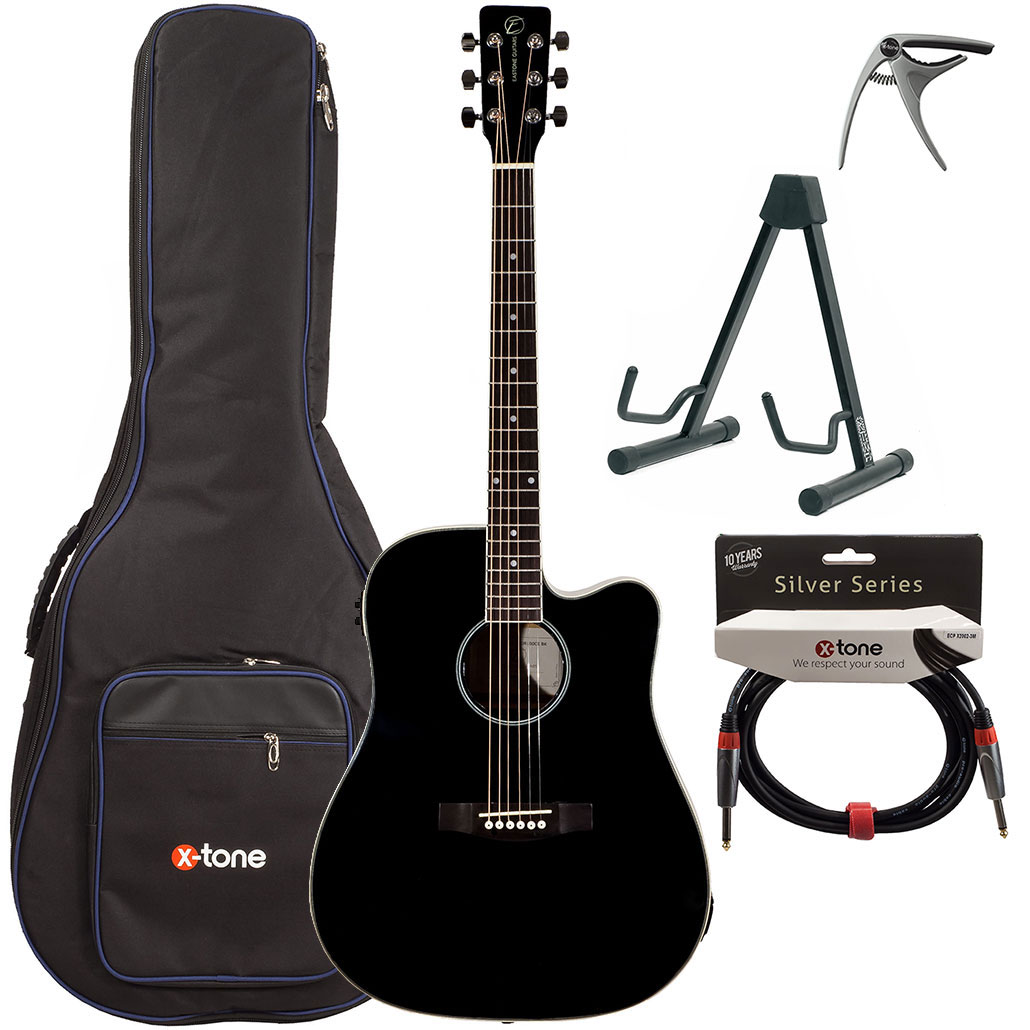 Eastone Dr100ce-blk +housse X-tone 2003 +capo +stand +jack - Black - Pack guitarra acústica - Variation 1