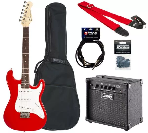 Guitarra eléctrica para niños Eastone STR MINI +MARSHALL MG10 +CABLE +HOUSSE +COURROIE +MEDIATORS - Red
