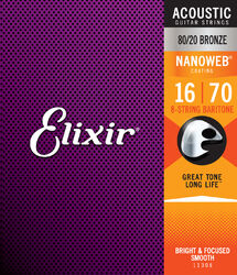 Cuerdas guitarra acústica Elixir 11308 8-String Nanoweb 80/20 Bronze Acoustic Guitar Strings 16-70 - Juego de 8 cuerdas