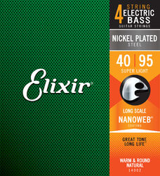 Cuerdas para bajo eléctrico Elixir Bass (4) Nanoweb Nickel Plated 40-95 - Juego de 4 cuerdas