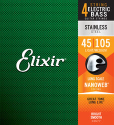 Cuerdas para bajo eléctrico Elixir Bass (4) Nanoweb Stainless Steel  45-105 - Juego de 4 cuerdas