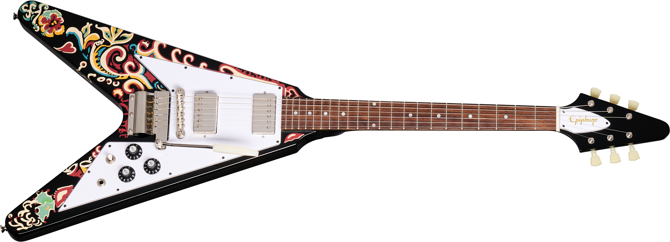Epiphone Jimi Hendrix Flying V Love Drops Signature 2h Gibson Trem Lau - Ebony - Guitarra eléctrica de autor - Main picture