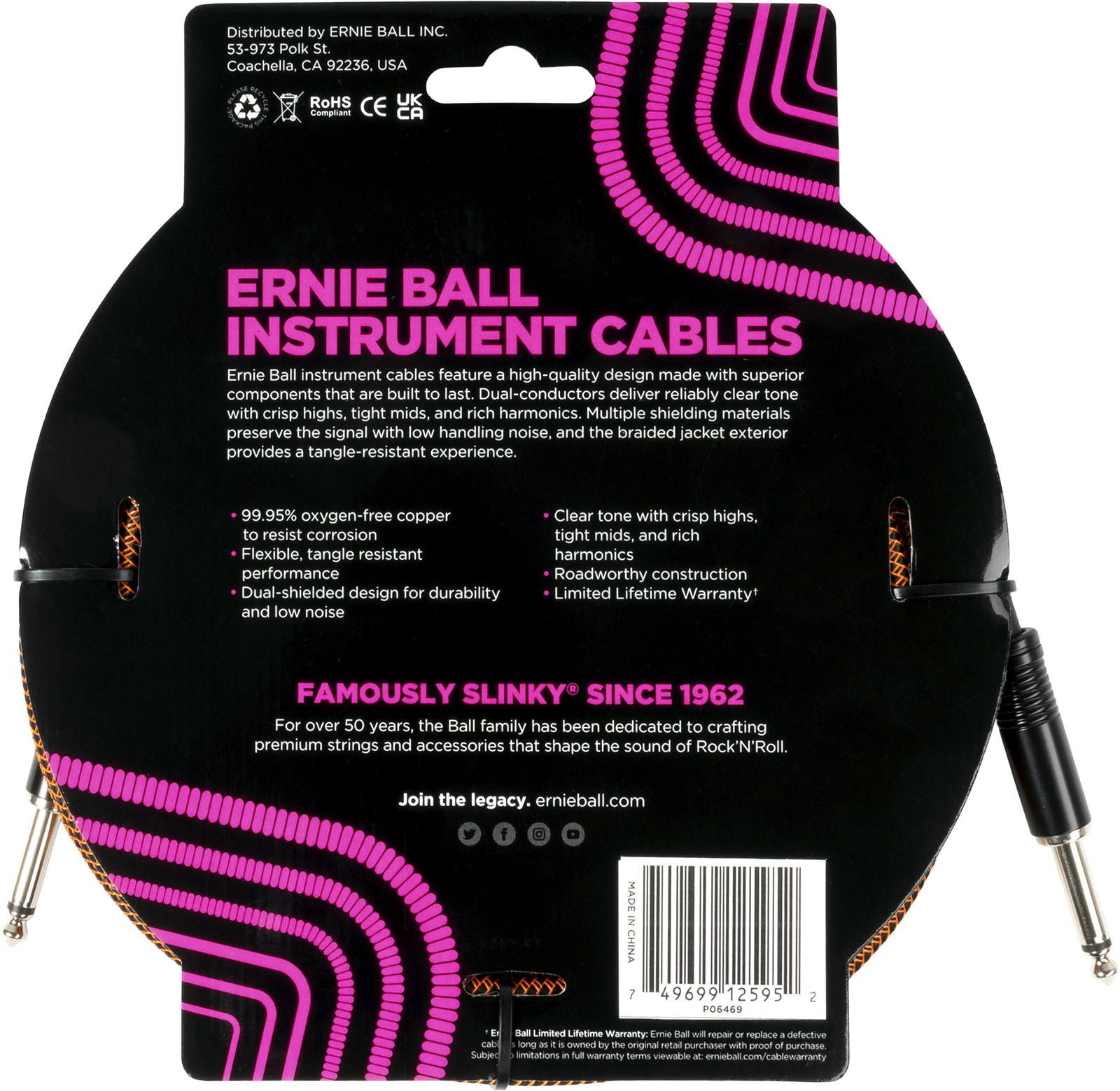 Ernie Ball Cable Instrument Gaine Tissée Jack/jack 5,5m Orange Et Noir - Cable - Variation 1