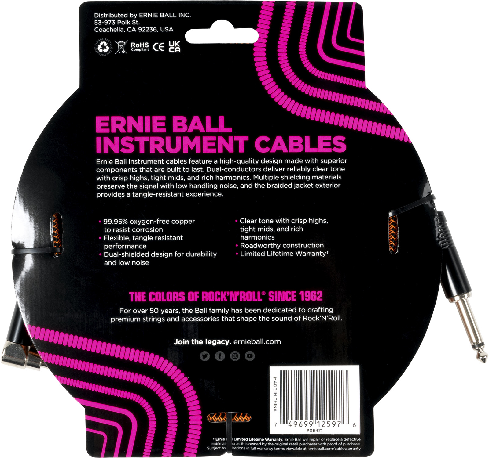 Ernie Ball Cable Instrument Gaine Tissée Jack/jack Coudé 5,5m Orange Et Noir - Cable - Variation 1