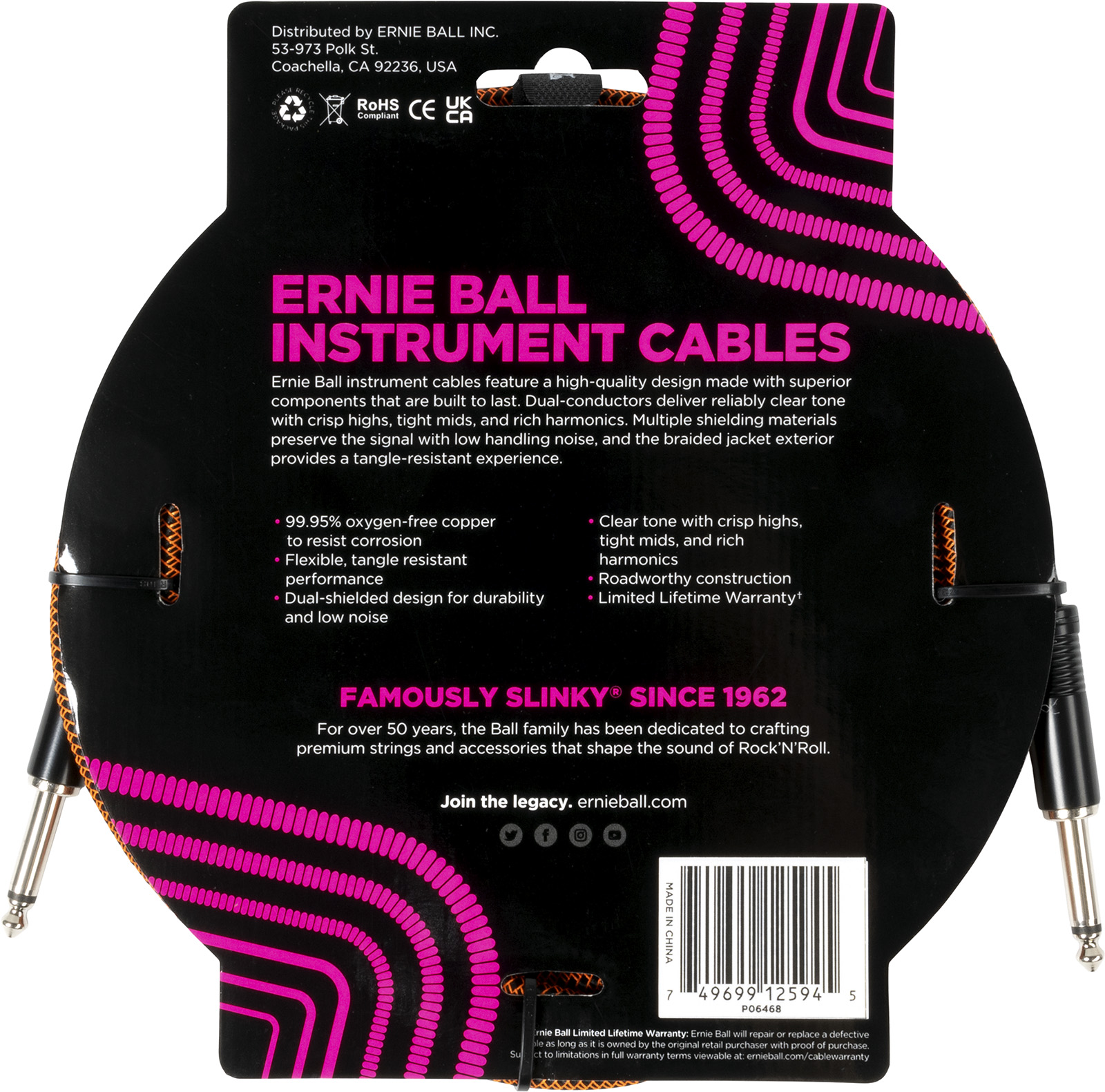 Ernie Ball Cables Instrument Gaine Tissée Jack/jack 3m Orange Et Noir - Cable - Variation 1