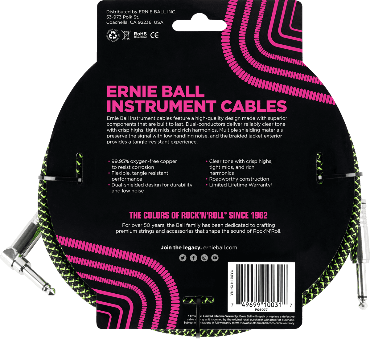 Ernie Ball Cables Instrument Gaine TissÉe Jack/jack CoudÉ 3m Noir/vert - Cable - Variation 1