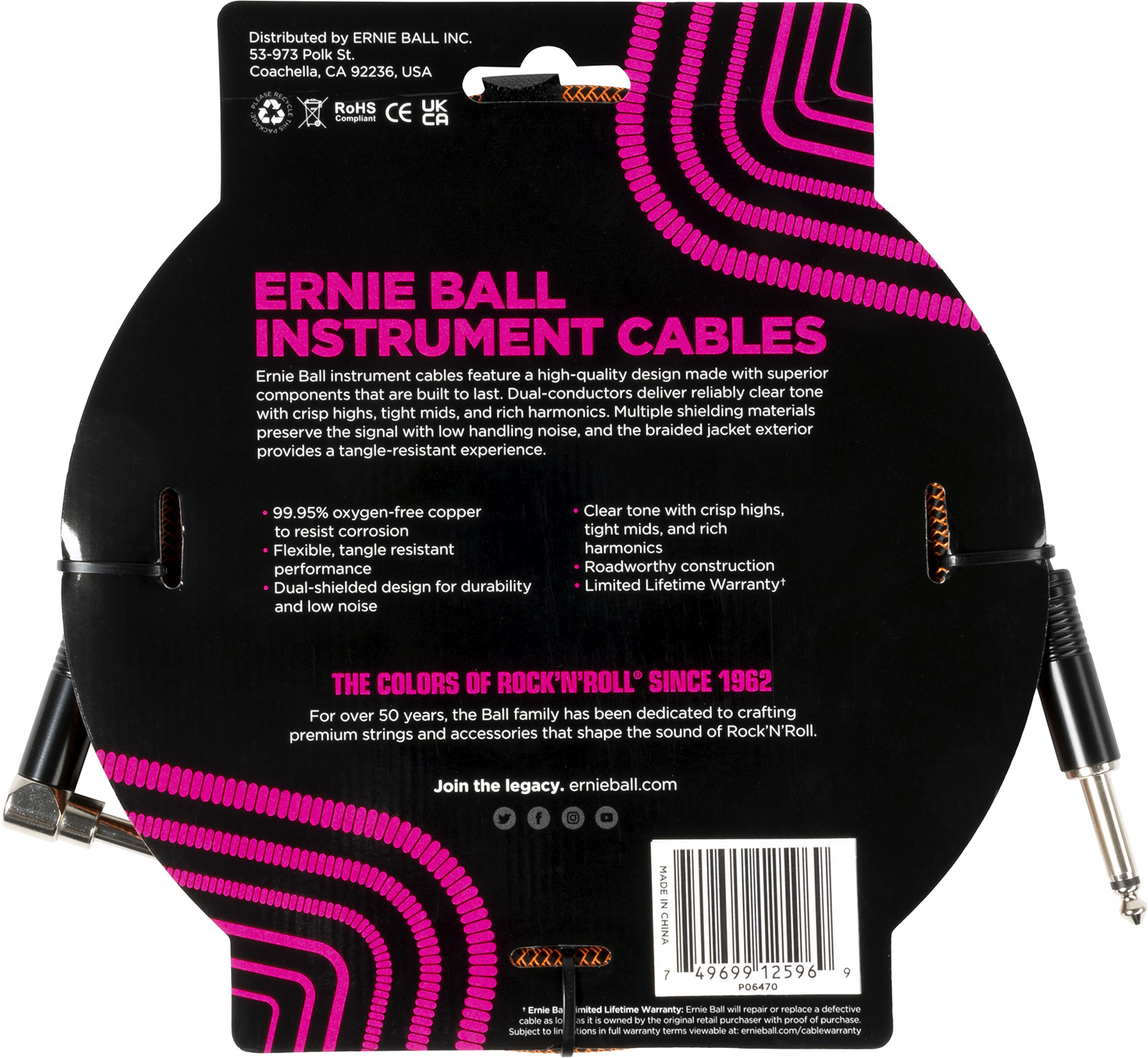 Ernie Ball Cable Instrument Gaine Tissée Jack/jack Coudé 3m Orange Et Noir - Cable - Variation 1