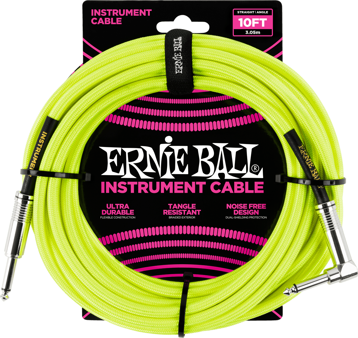 Ernie Ball Cables Instrument Gaine Tissée Jack/jack Coudé 3m Jaune Fluo - Cable - Main picture