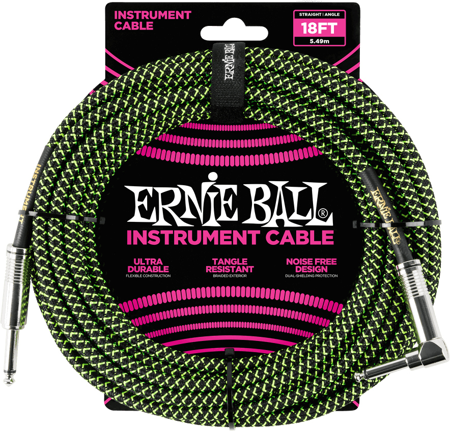 Ernie Ball P06082 Braided 18ft Straight / Angle Instrument Cable 5.49m Droit / Coude Black & Green - Afinador de guitarra - Main picture