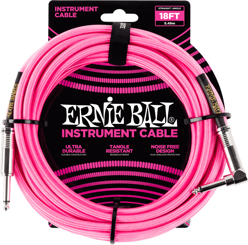 Ernie Ball P06083 Braided 18ft Straight / Angle Instrument Cable 5.49m Droit / Coude Neon Pink - Afinador de guitarra - Main picture